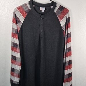 LuLaRoe Charcoal with Red Plaid Sleeves Long Sleeve Top